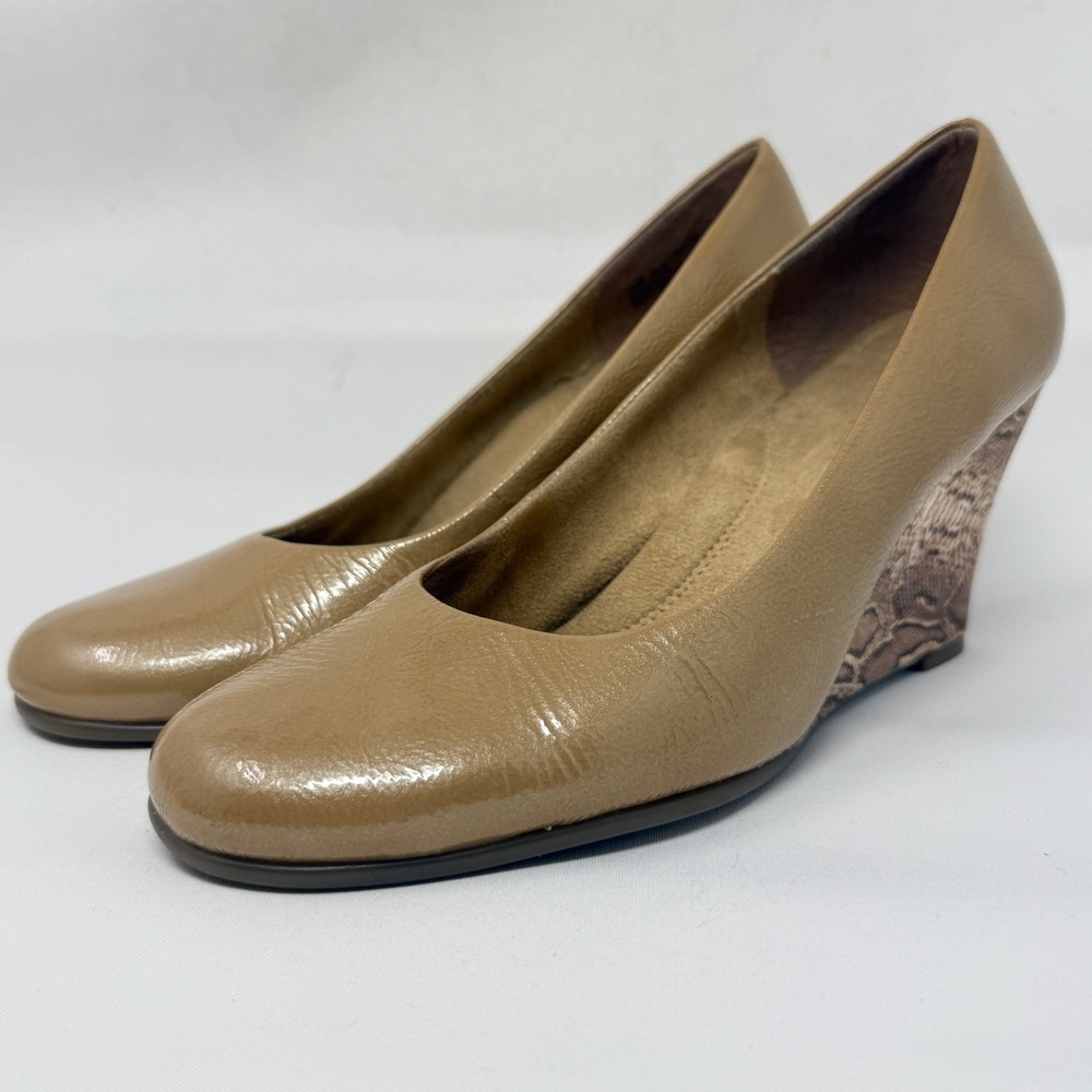 Aerosoles Womens Plum Tree‎ Tan Leather Snake Print Wedge 11M Pump Animal Heels